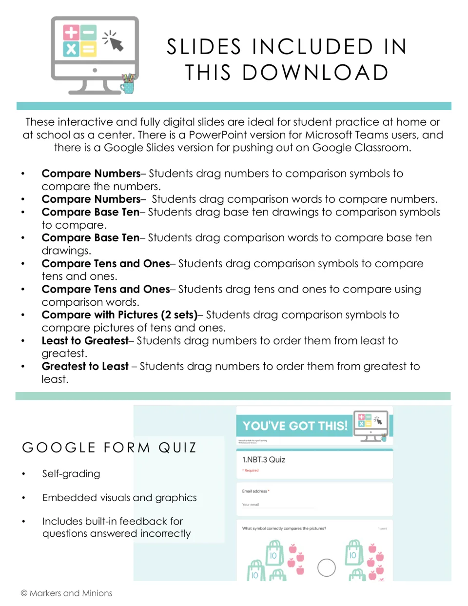 List of included slides: comparing numbers, base ten and tens and ones, ordering numbers, plus a self-grading Form quiz