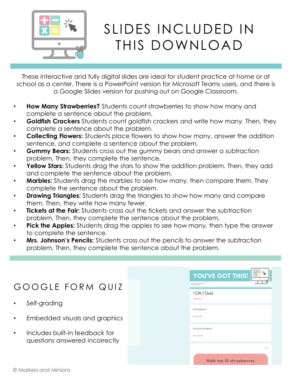 Slide list: ten addition and subtraction word problems like Gummy Bears and Tickets at the Fair, plus a self-grading quiz
