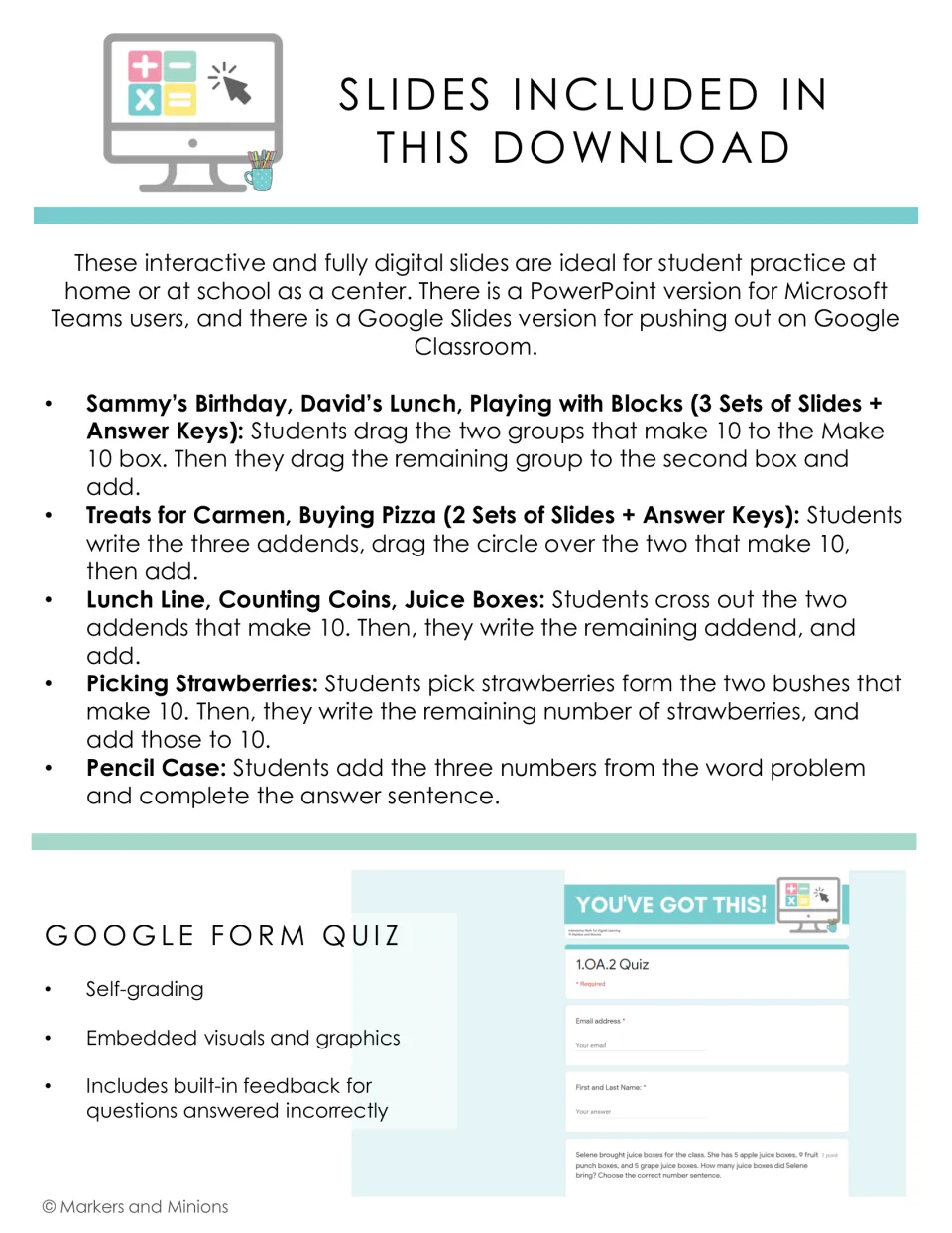 Contents list of the three-addend word problem slide sets, such as Sammy's Birthday and Pencil Case, plus a quiz form