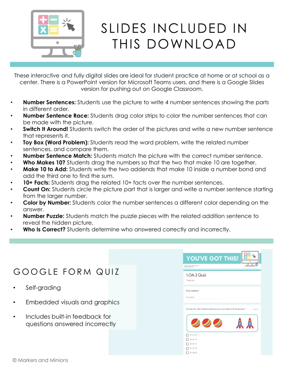 Slides included in this download: 12 activities such as Switch It Around and Make 10 to Add, plus a self-grading quiz