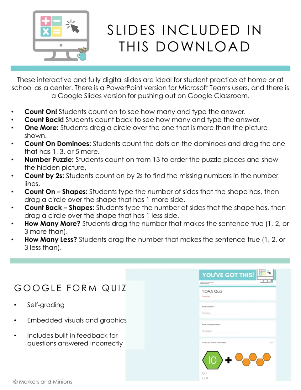 List of included slides: count on, count back, dominoes, number puzzle, count by 2s, shapes, how many more or less