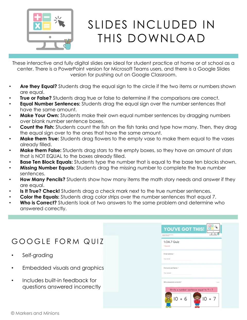 Slides included: 13 equal-sign activities such as True or False and Count the Fish, plus a self-grading Google Form quiz