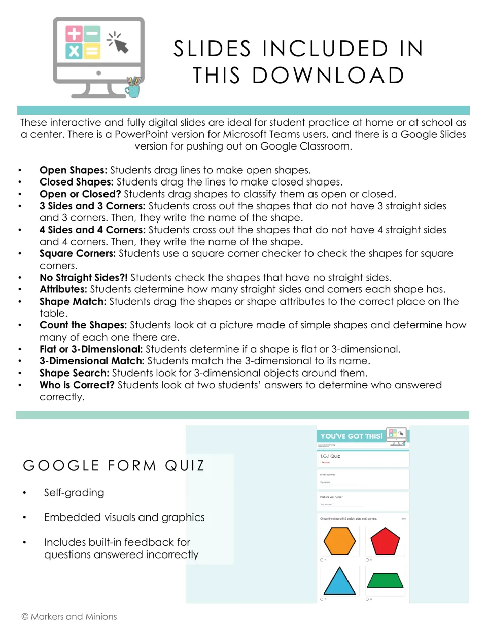 Slides included: 14 shape activities, from open and closed shapes to 3-D shapes, plus a self-grading Google Form quiz