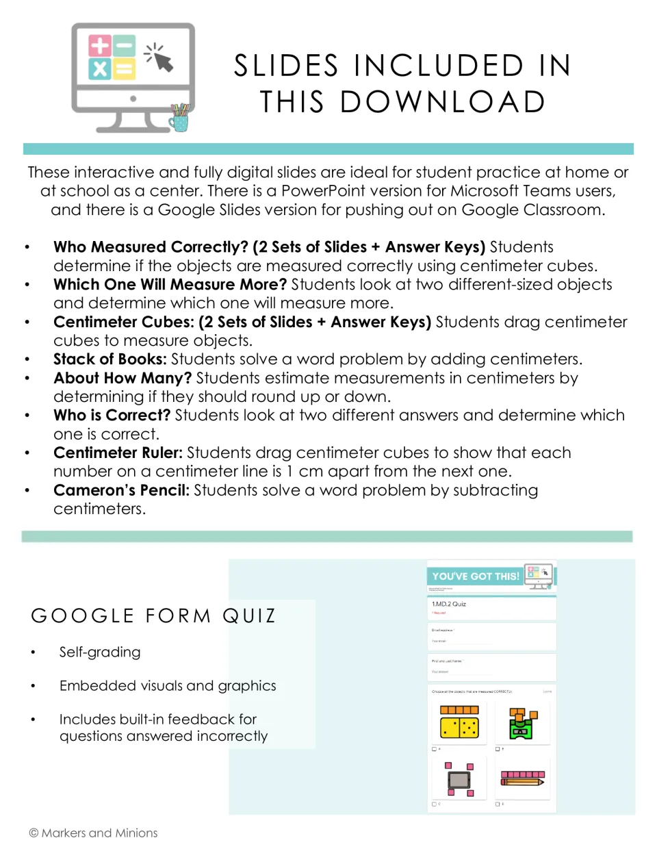 Slides included list: measuring with centimeter cubes, estimating and word problems, a self-grading Google Form quiz