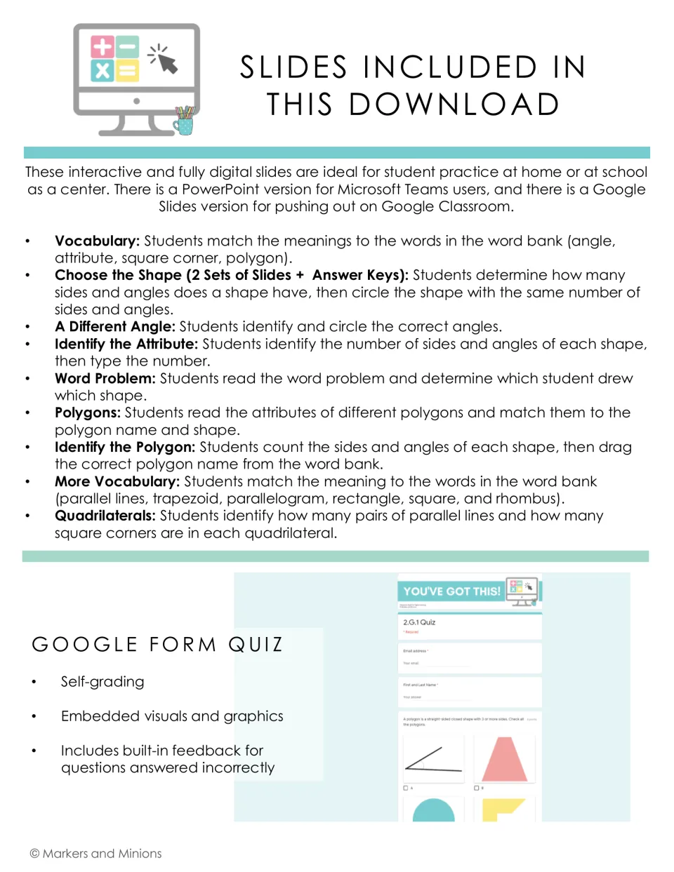 Slides included: list of nine shape activities, from vocabulary to quadrilaterals, plus a self-grading Google Form quiz