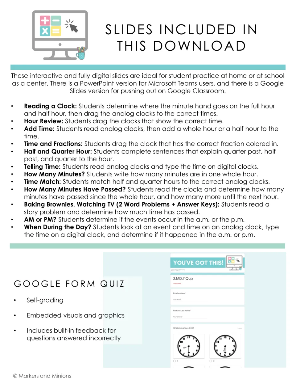 Time slide list, from Reading a Clock to When During the Day?, plus a self-grading Google Form quiz with feedback