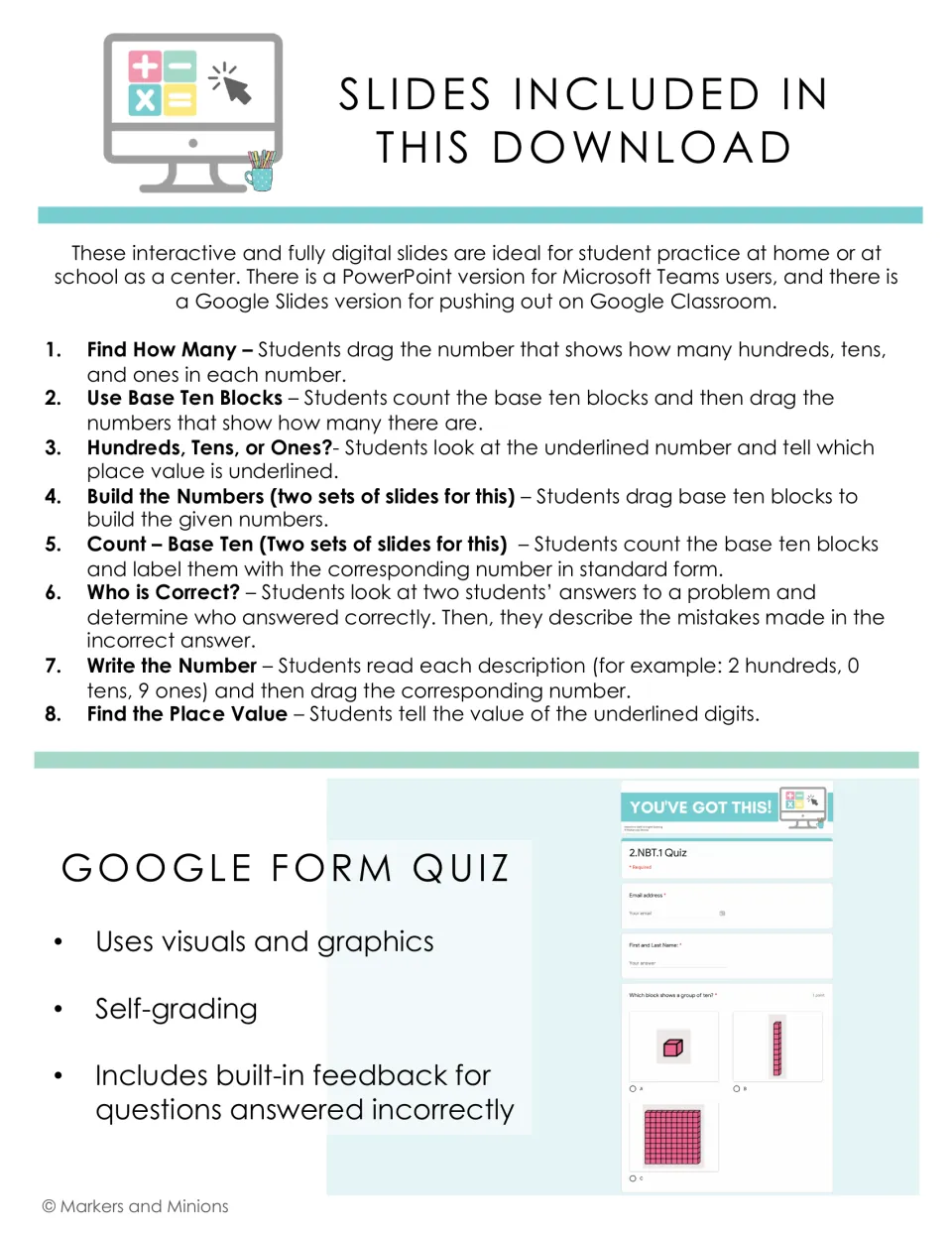 Place value contents: 8 slide sets from Find How Many to Find the Place Value, plus a self-grading Google Form quiz