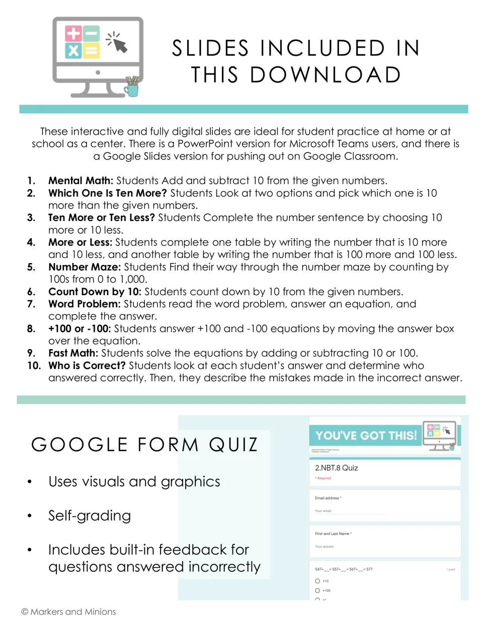 List of 10 slide activities on adding and subtracting 10 and 100, such as Number Maze, plus a self-grading Google Form quiz