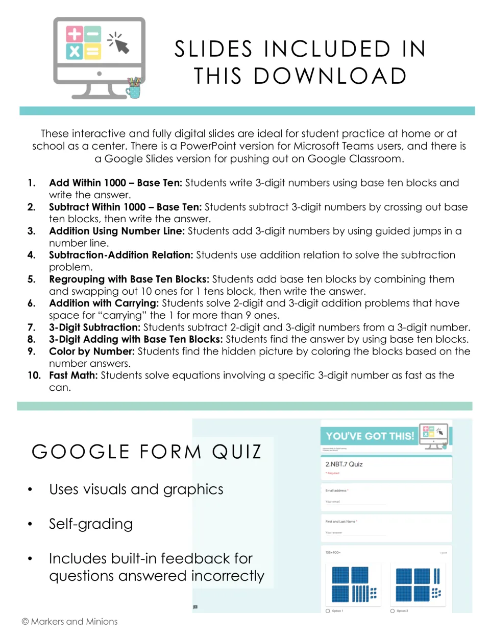 List of 10 slide activities for adding and subtracting within 1000, from base ten blocks to Fast Math, plus quiz details