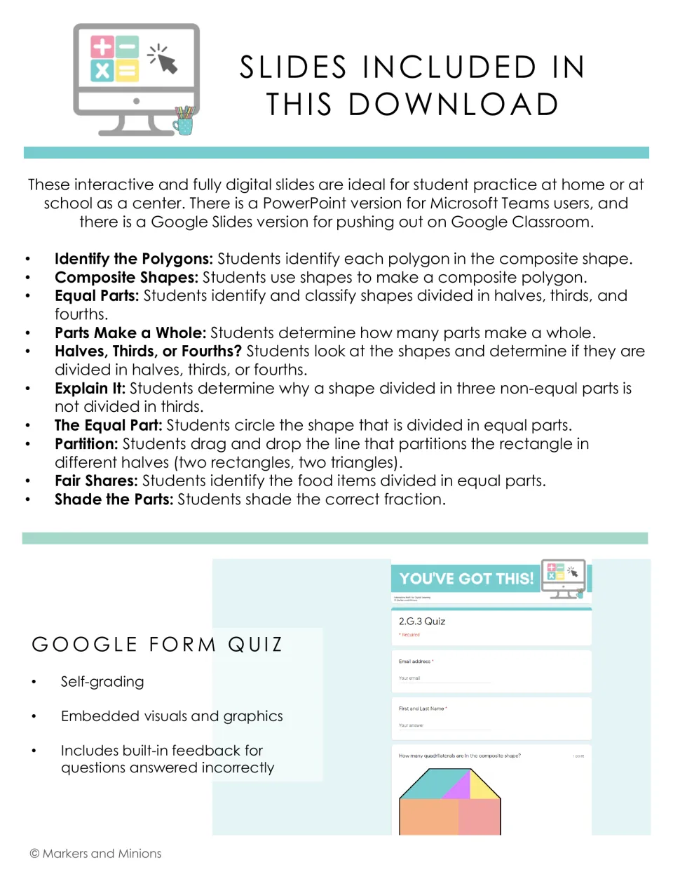 List of 10 slide activities on polygons, equal parts, halves, thirds and fourths, plus a self-grading Google Form quiz
