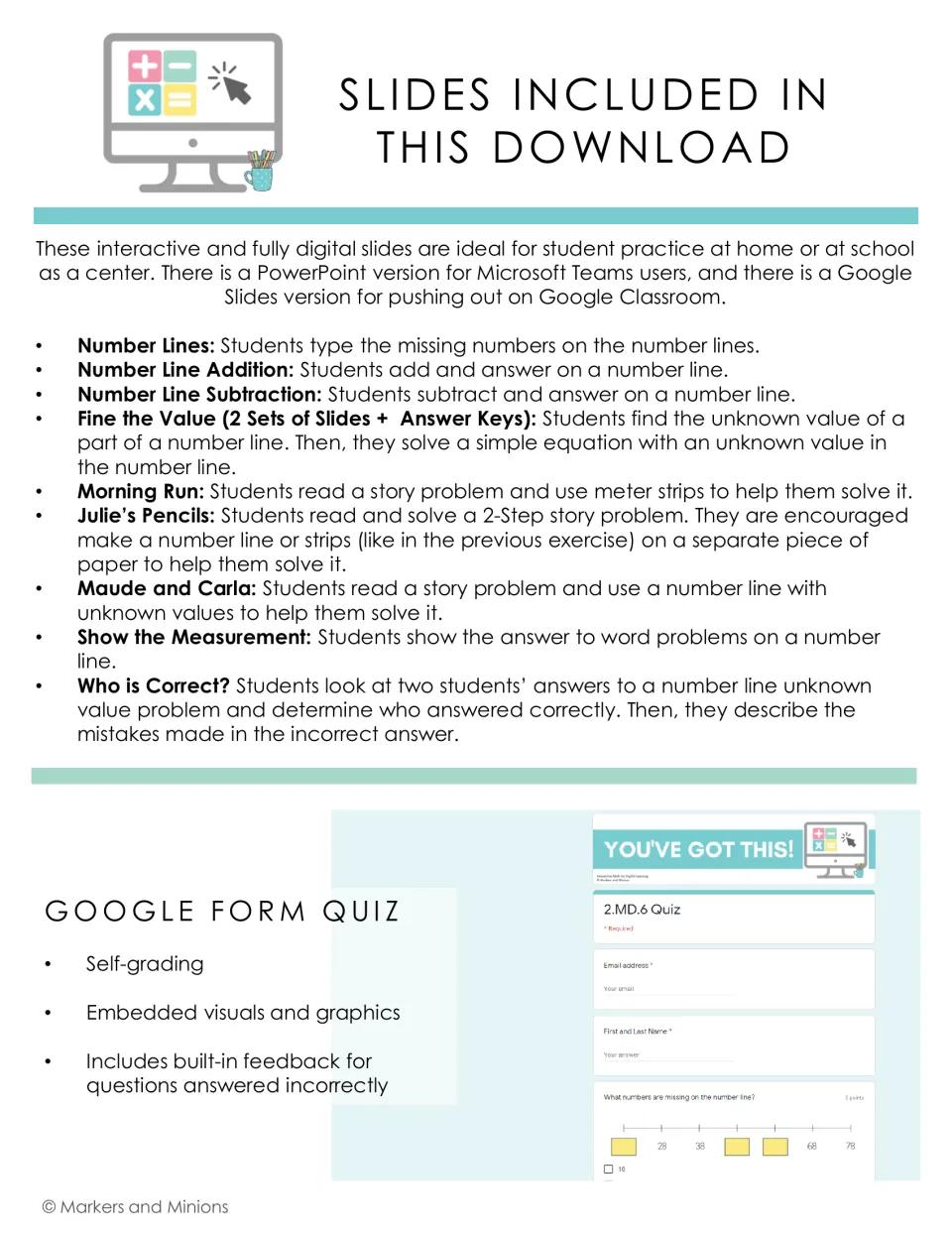 List of included slides, from Number Lines and Morning Run to Who is Correct?, plus a self-grading 2.MD.6 Google Form quiz