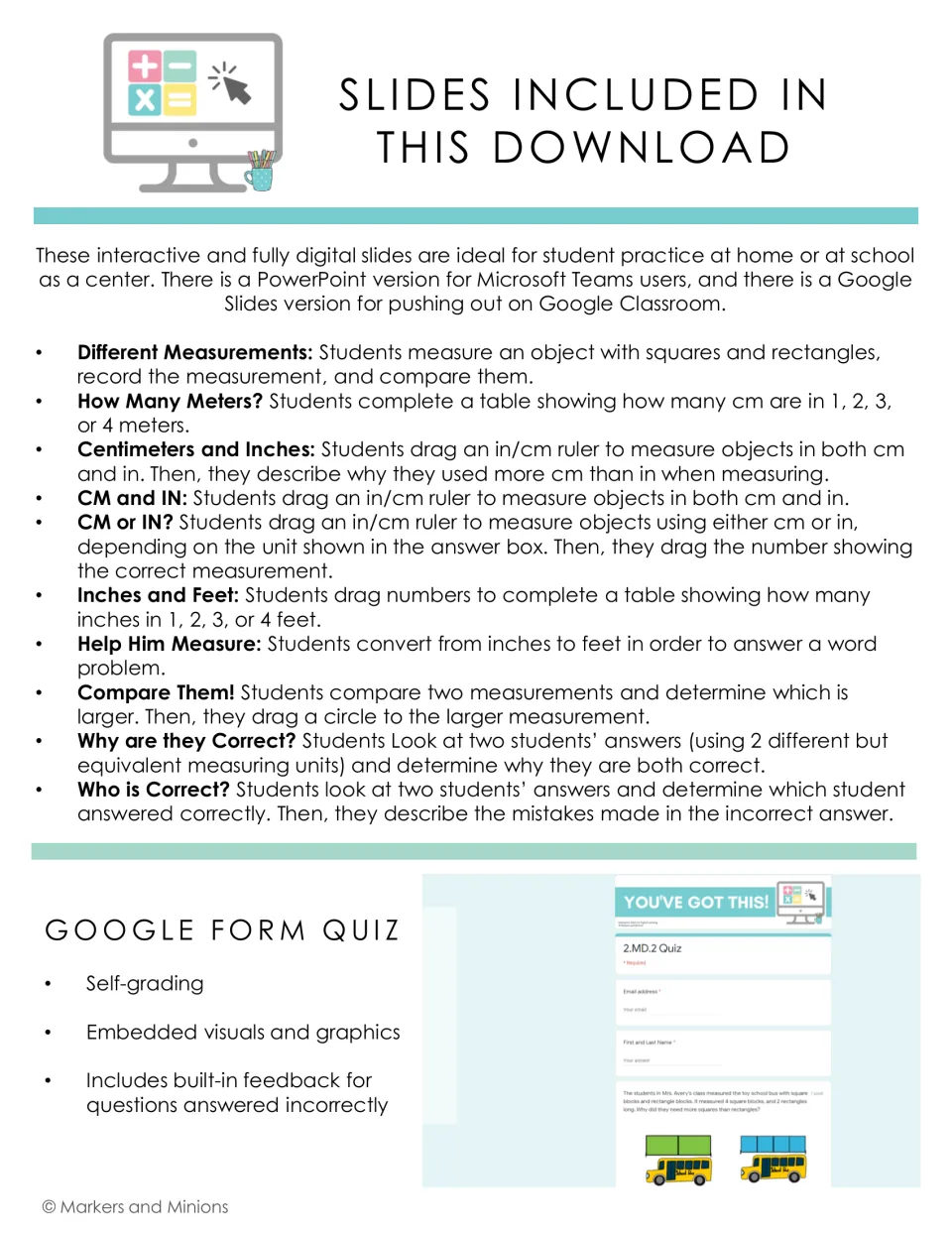 List of the ten measurement slides, from meters and inches to Who is Correct?, plus a self-grading Google Form quiz