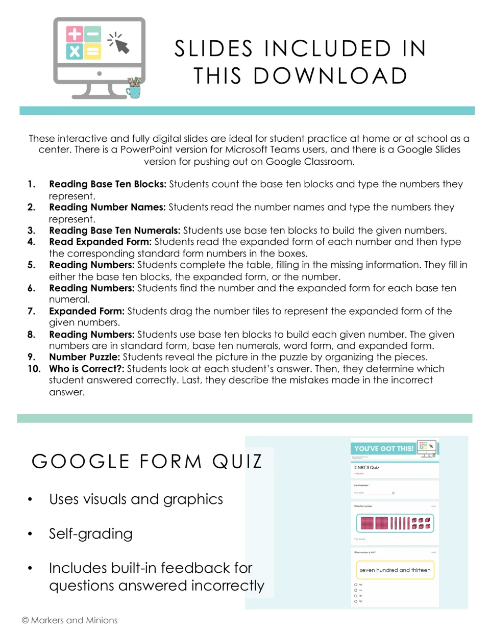 List of 10 included place value slides, such as Reading Base Ten Blocks and Who is Correct?, plus a self-grading Form quiz