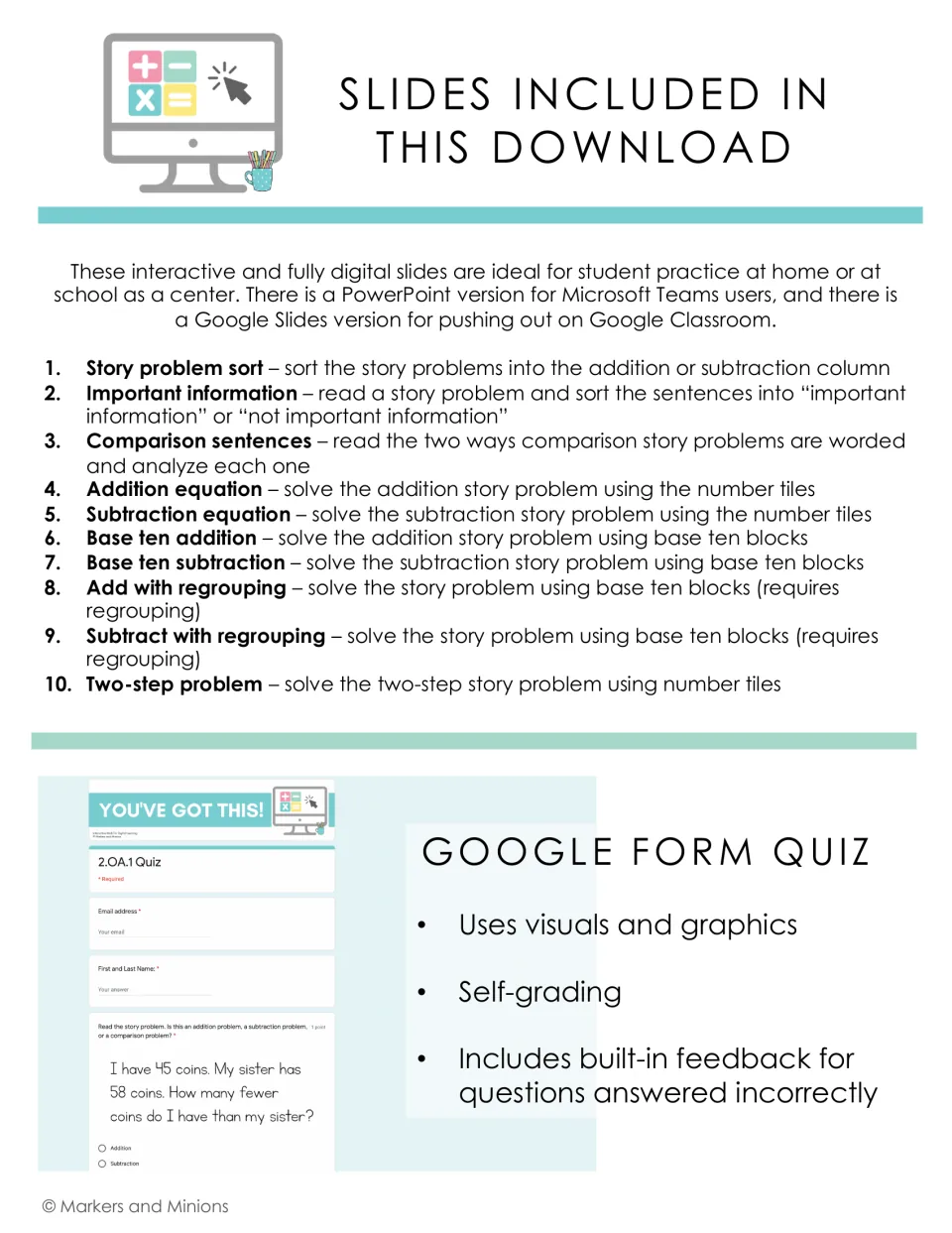 Slides included: 10 story problem activities, from sorting to regrouping and two-step problems, plus a Google Form quiz