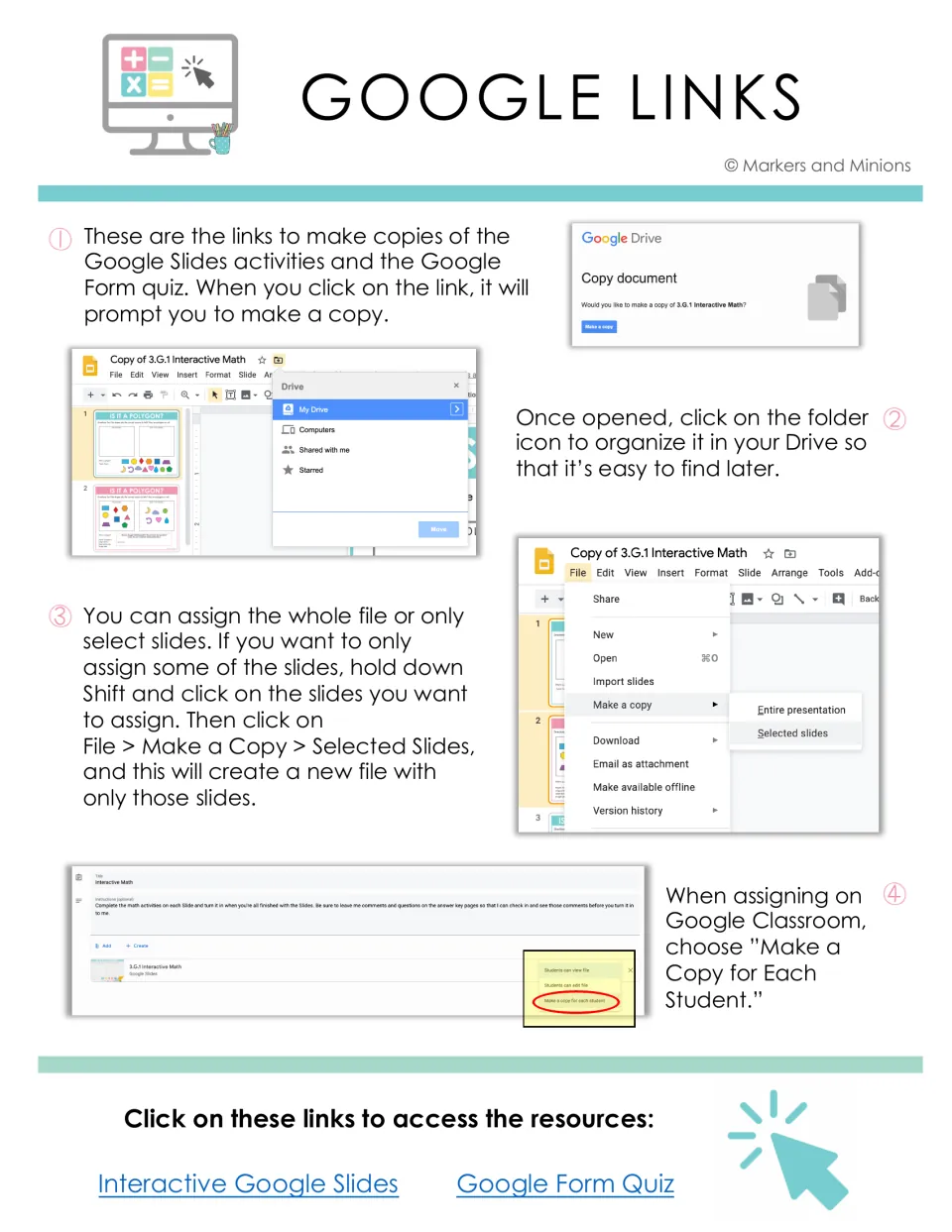 Google links: four steps to copy the slides and Form quiz, file them in Drive and assign a copy per student in Classroom
