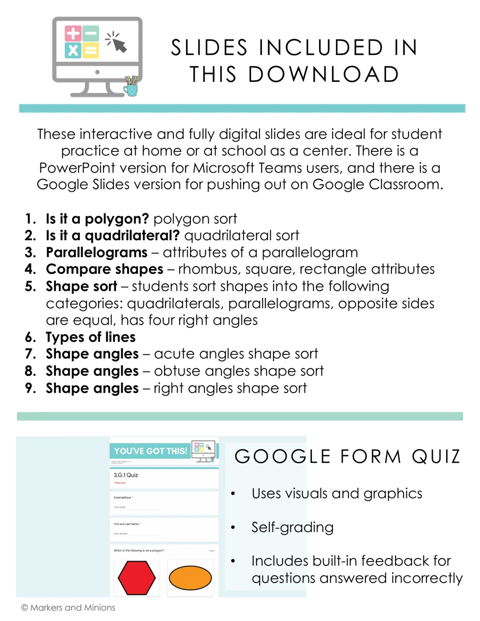 Nine slide activities listed, from polygon and quadrilateral sorts to angle sorts, plus a self-grading Google Form quiz