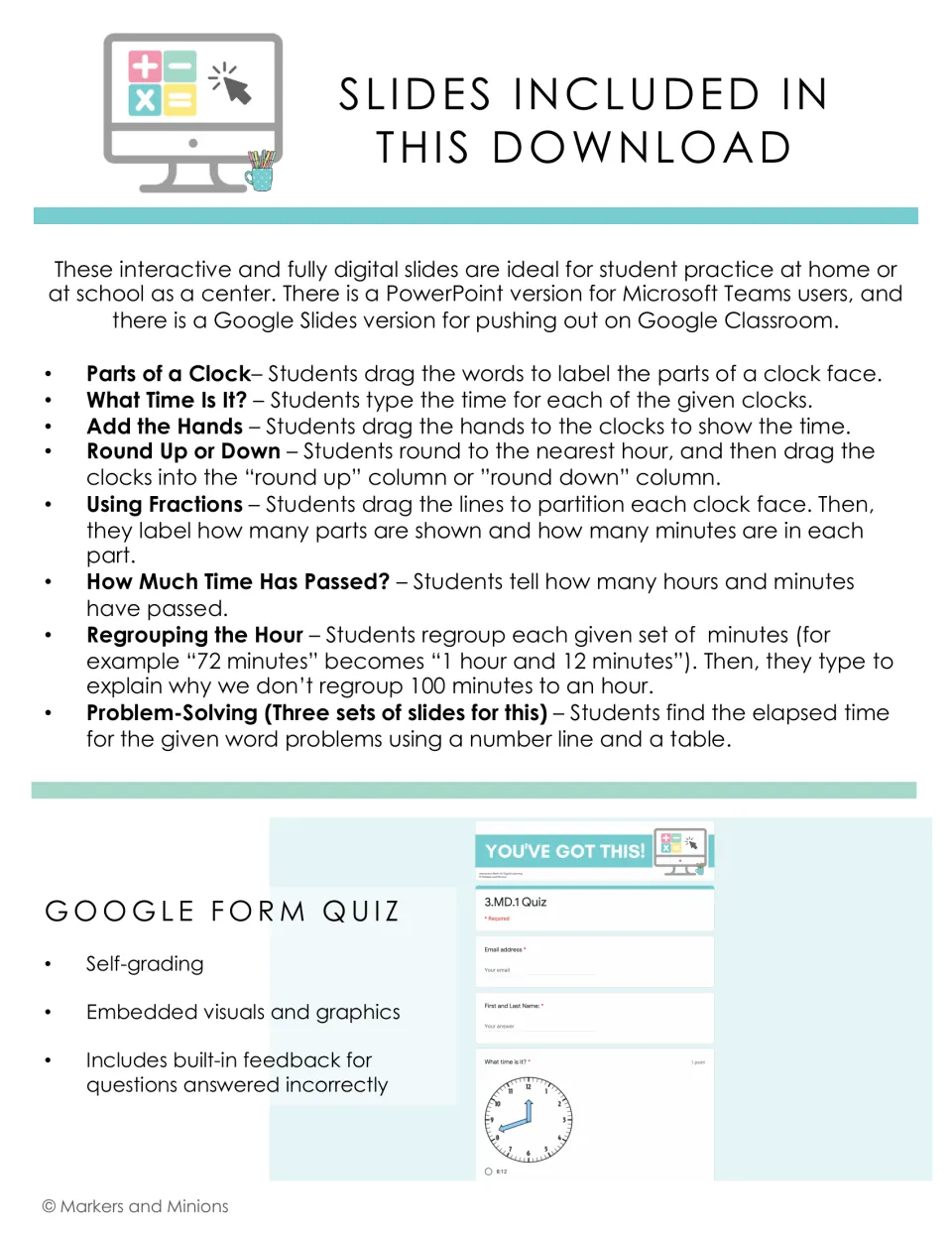 List of included time slides, from labeling clock parts to regrouping minutes and elapsed time word problems, plus a quiz