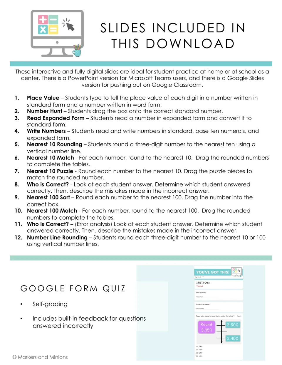 Activity overview lists 12 slides on place value and rounding, plus a self-grading Google Forms quiz
