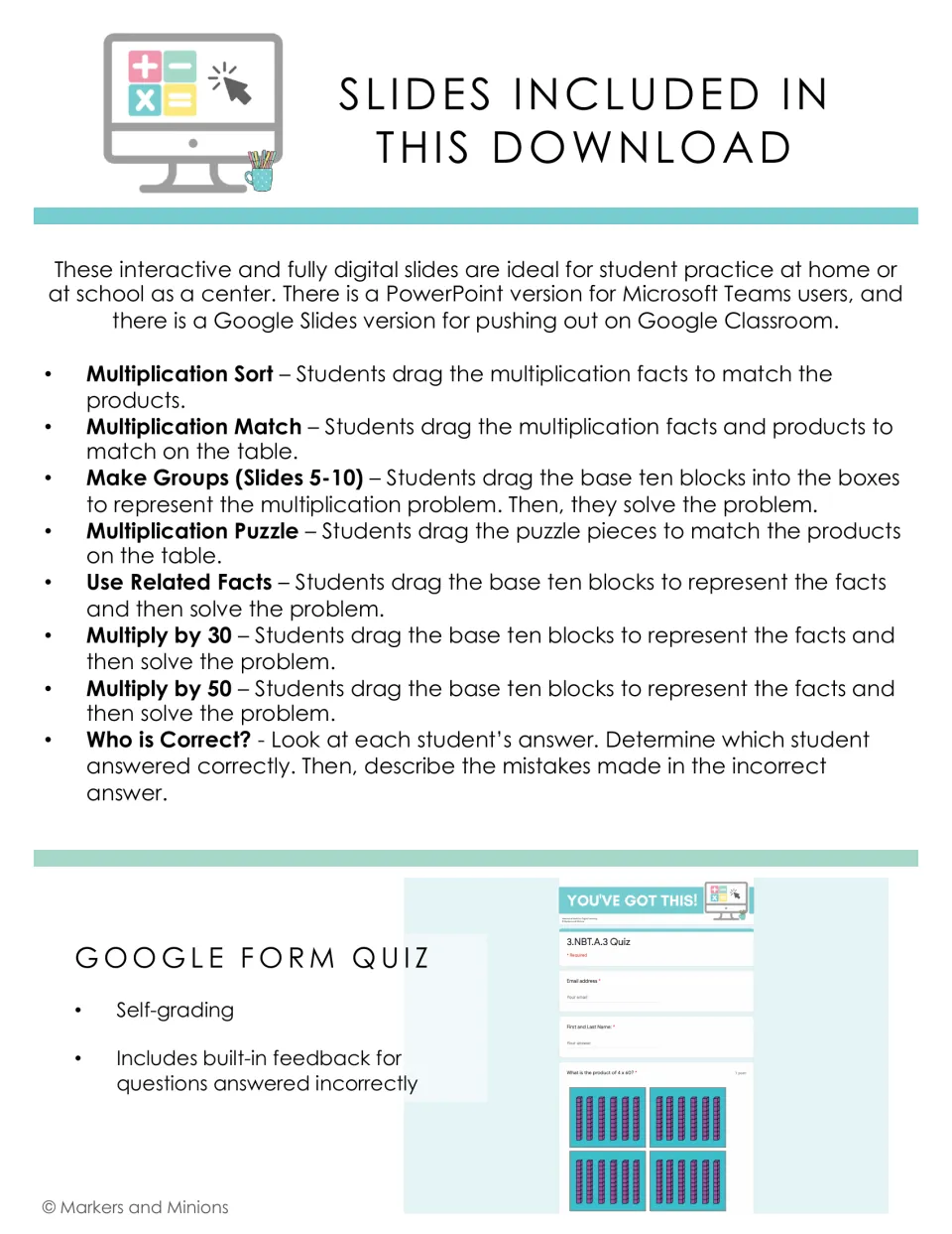 Activity overview for digital multiplication slides, plus a self-grading Google Form quiz with feedback.