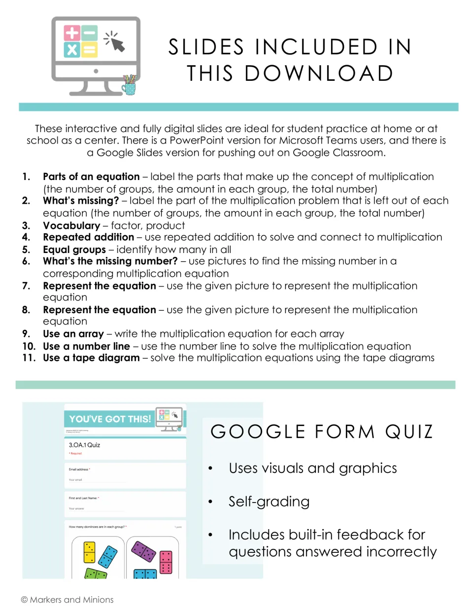 List of 11 multiplication slides, from parts of an equation to arrays, number lines and tape diagrams, plus a Form quiz
