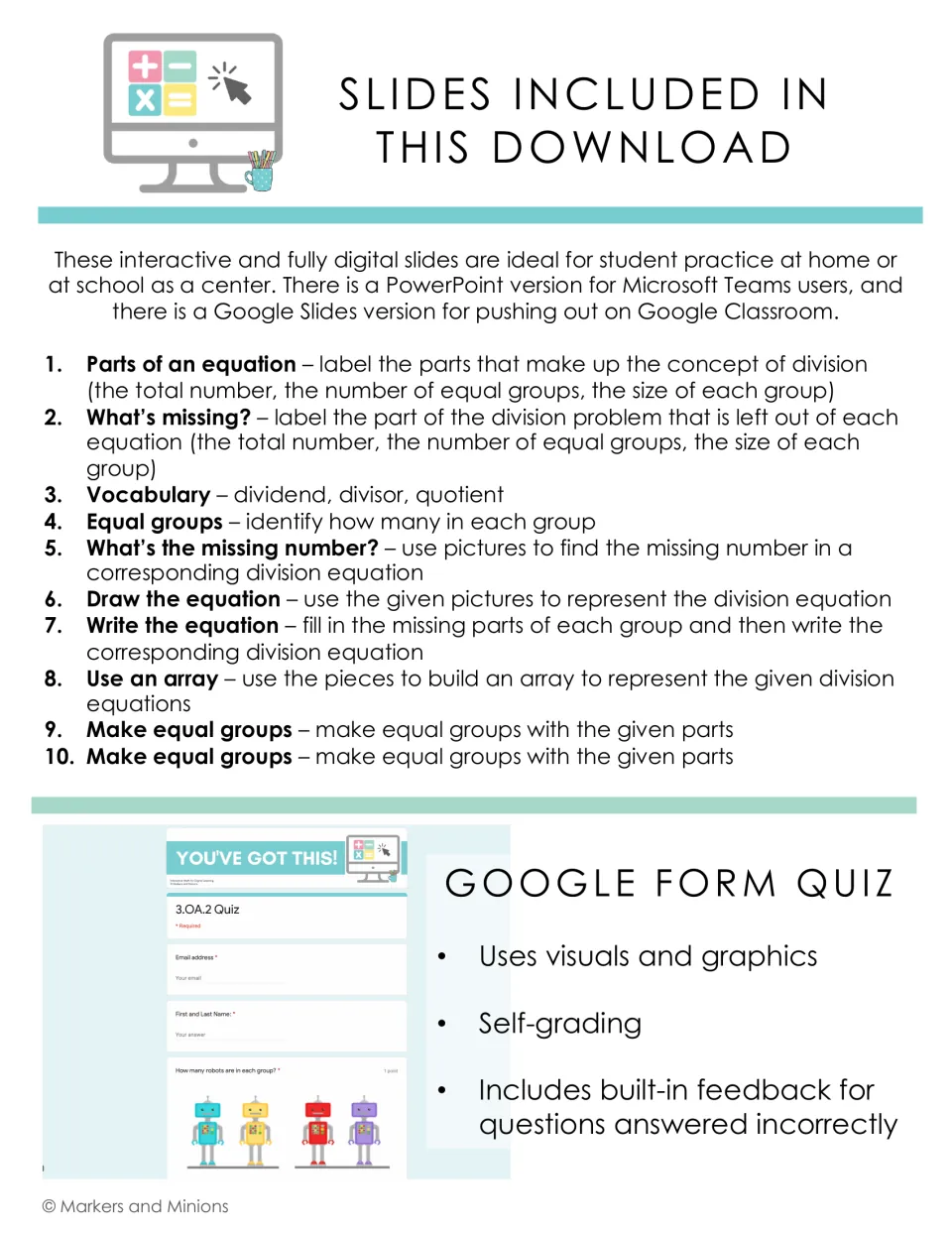 List of 10 division slides, from parts of an equation and dividend, divisor, quotient to arrays and equal groups, plus quiz