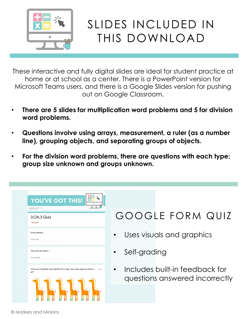 Contents list: 5 multiplication and 5 division word problem slides using arrays, rulers and groups, plus a 3.OA.3 quiz