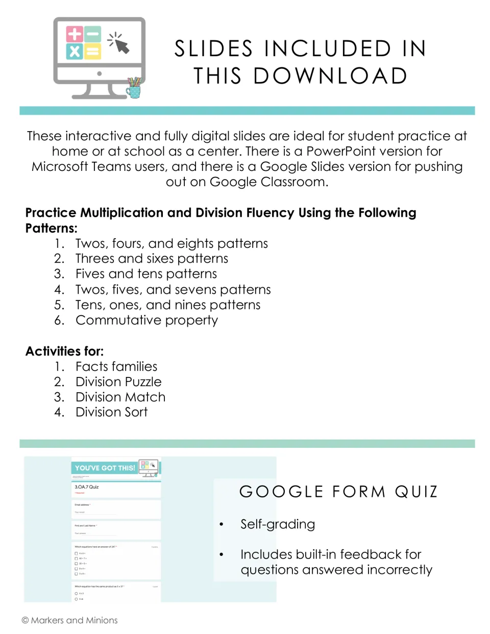 Contents list: fact patterns from twos to nines, commutative property, fact family and division activities and a quiz