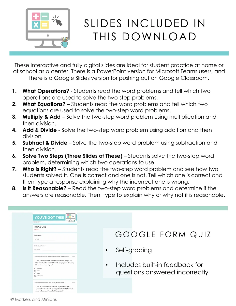 List of the eight two-step word problem slide types, from What Operations? to Is It Reasonable?, plus a Google Form quiz