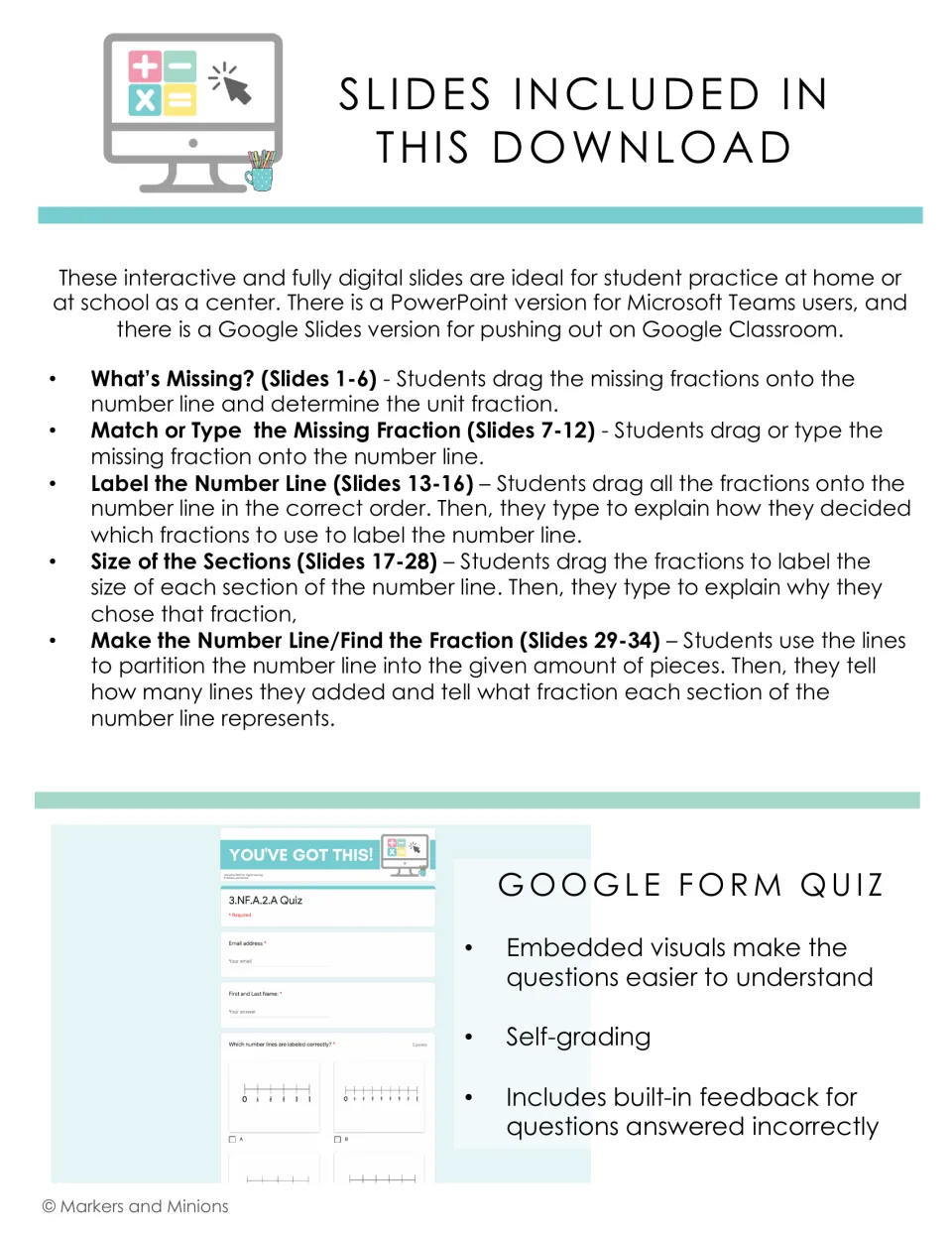 Slides included: five number-line fraction activity sets, plus a self-grading Google Form quiz with built-in feedback