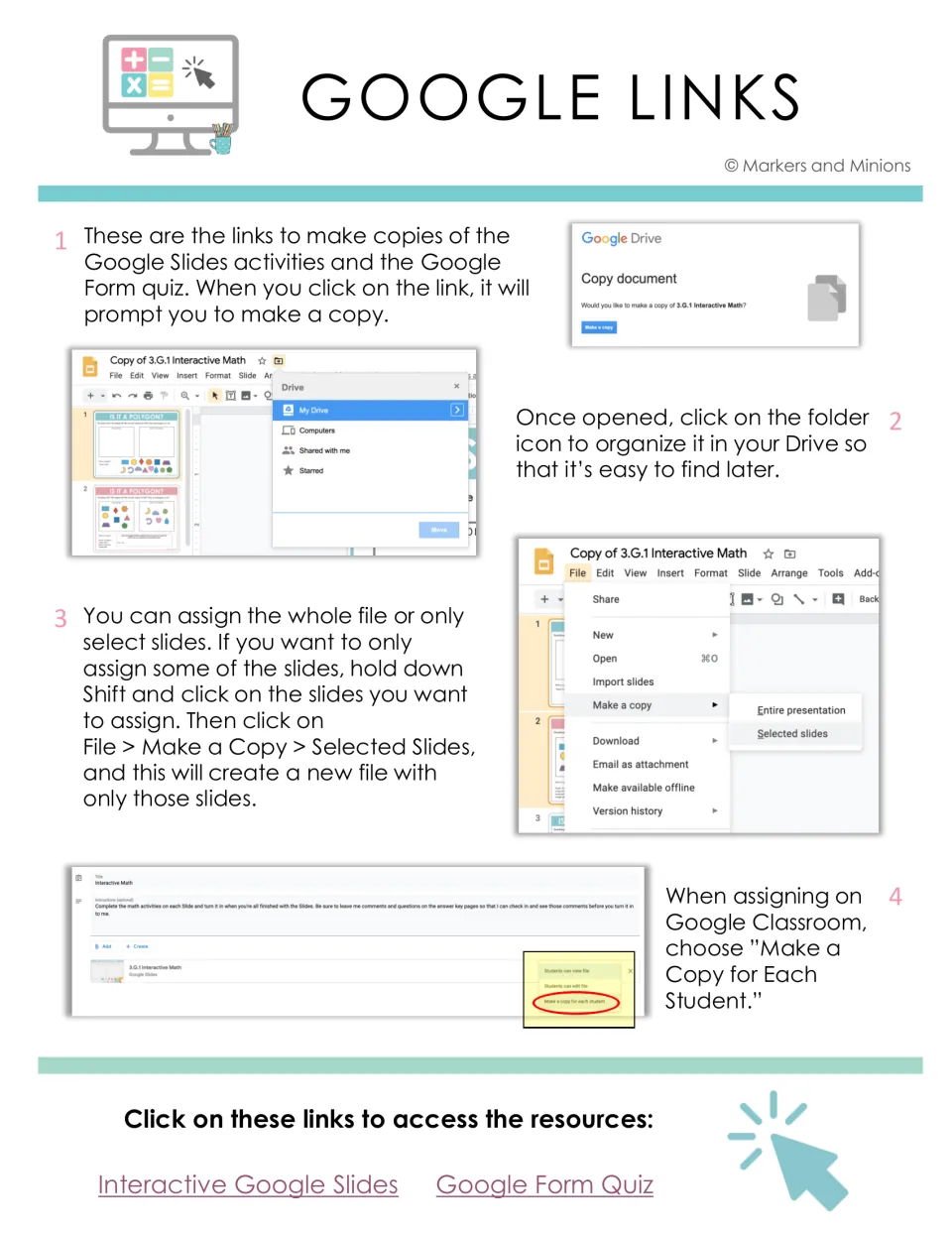 Google links setup guide: four steps to copy the slides and quiz, save to Drive and assign a copy per student in Classroom