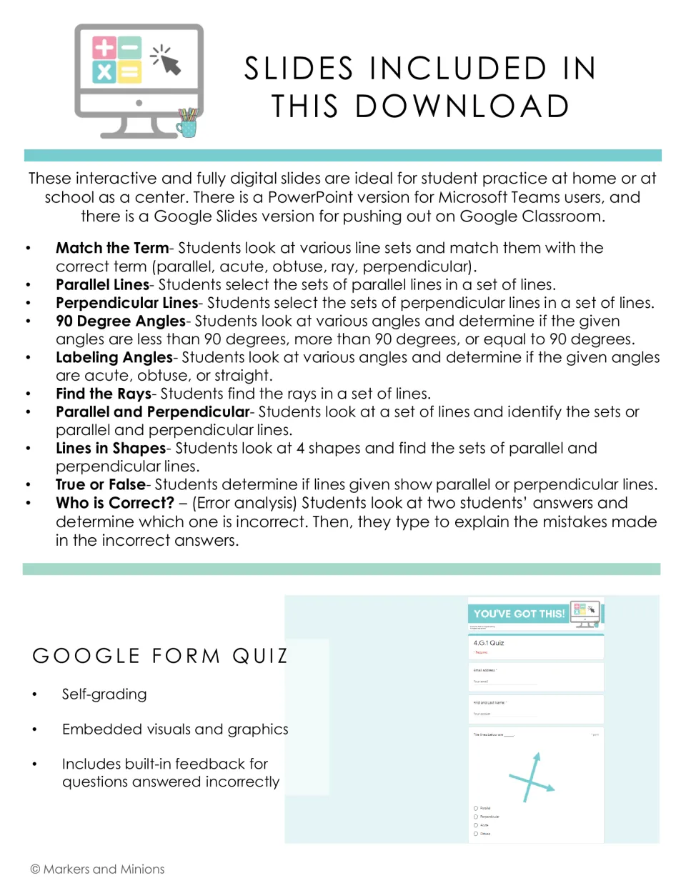 List of included slides on lines and angles, from Match the Term to Who is Correct error analysis, plus a self-grading quiz