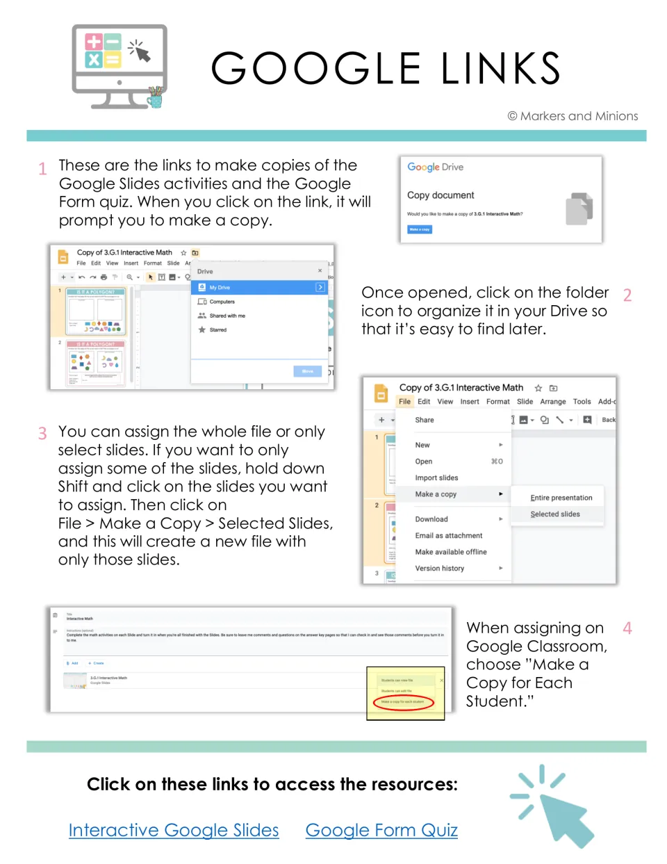Google links guide for copying the math slides and quiz, organizing files, and assigning slides to students