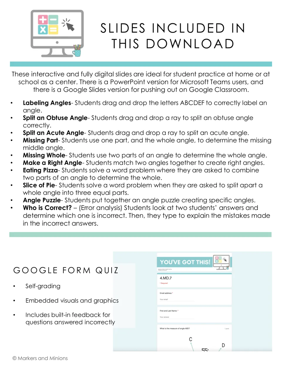 Contents of 10 angle slides, from labeling and splitting angles to error analysis, plus a self-grading Google Form quiz