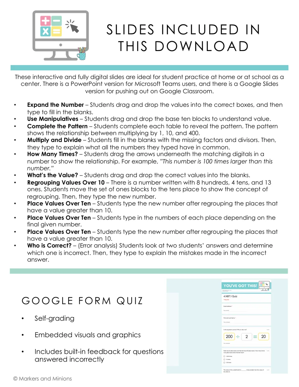 List of included slides, from Expand the Number to Who is Correct? error analysis, plus a self-grading Google Form quiz