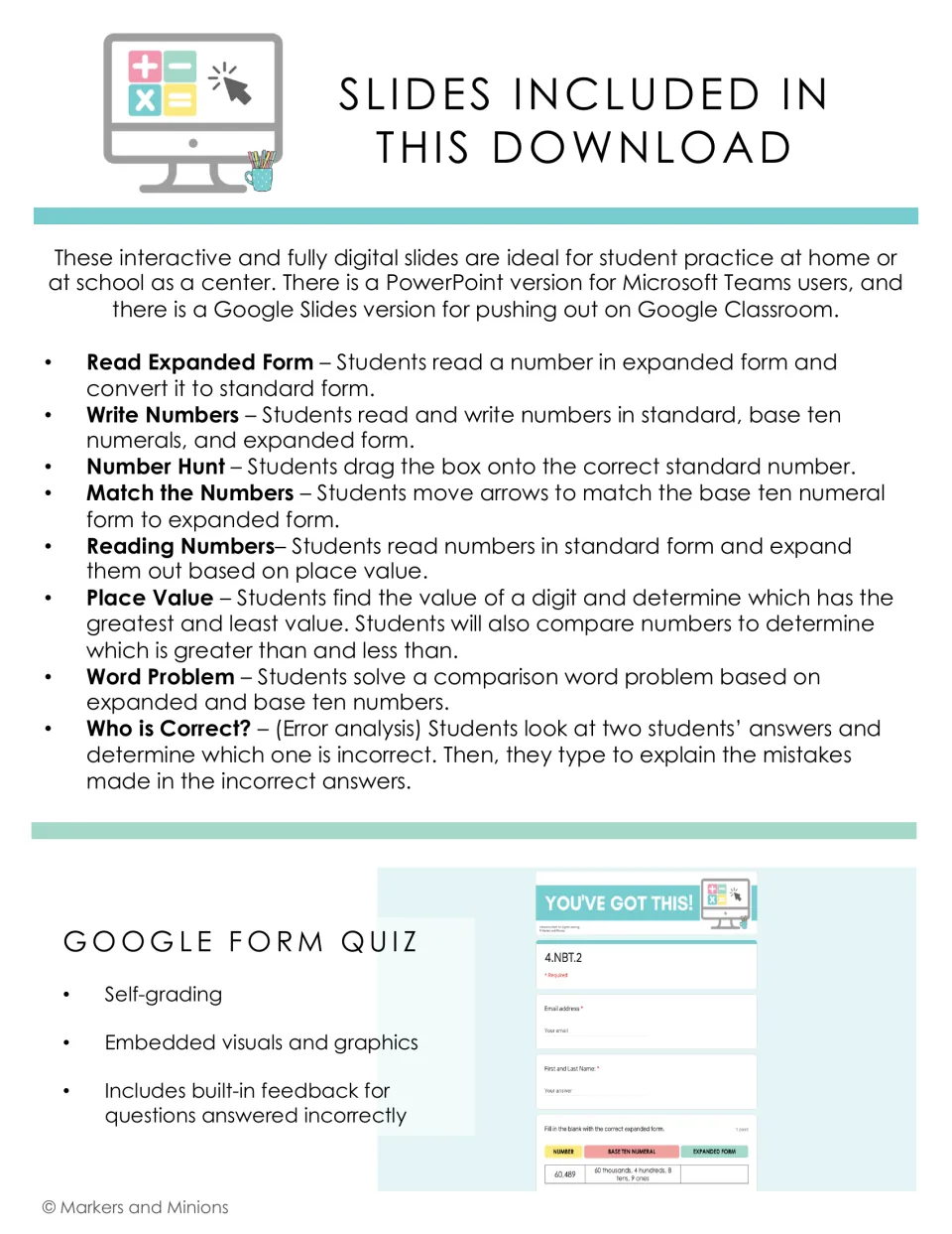 Slides included: summaries of eight place value activities, from Read Expanded Form to Who is Correct?, plus quiz features