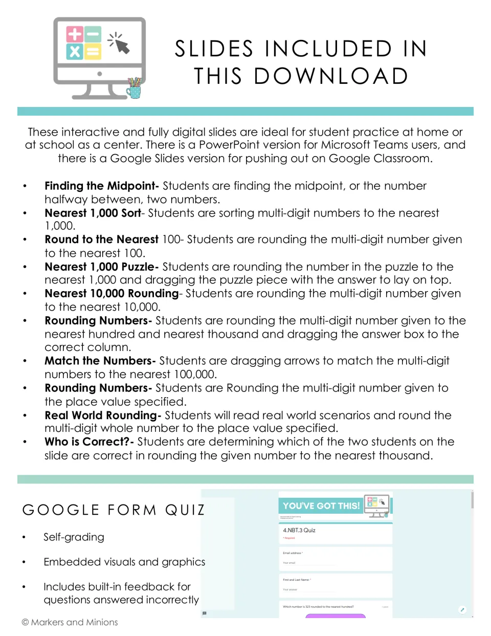 List of 10 included slides, from Finding the Midpoint to Who is Correct? rounding, plus a self-grading Google Form quiz