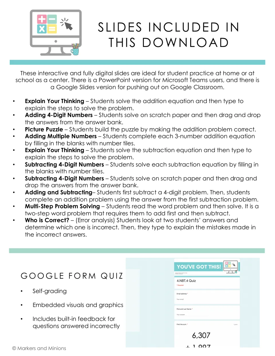 List of the 10 included slide activities on adding and subtracting 4-digit numbers, plus a preview of the self-grading quiz