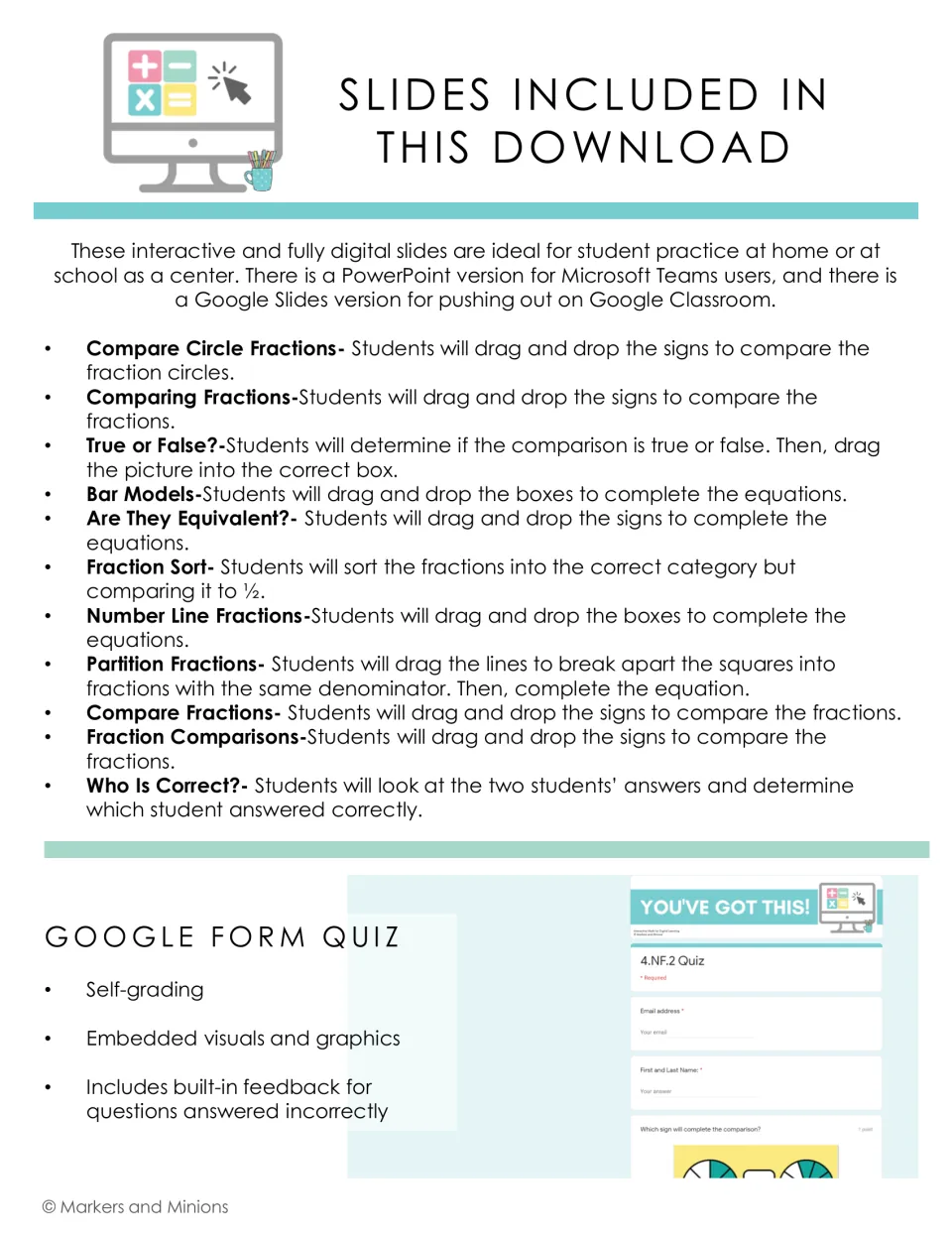 List of 11 included fraction slides, from Compare Circle Fractions to Who Is Correct?, plus a self-grading Google Form quiz