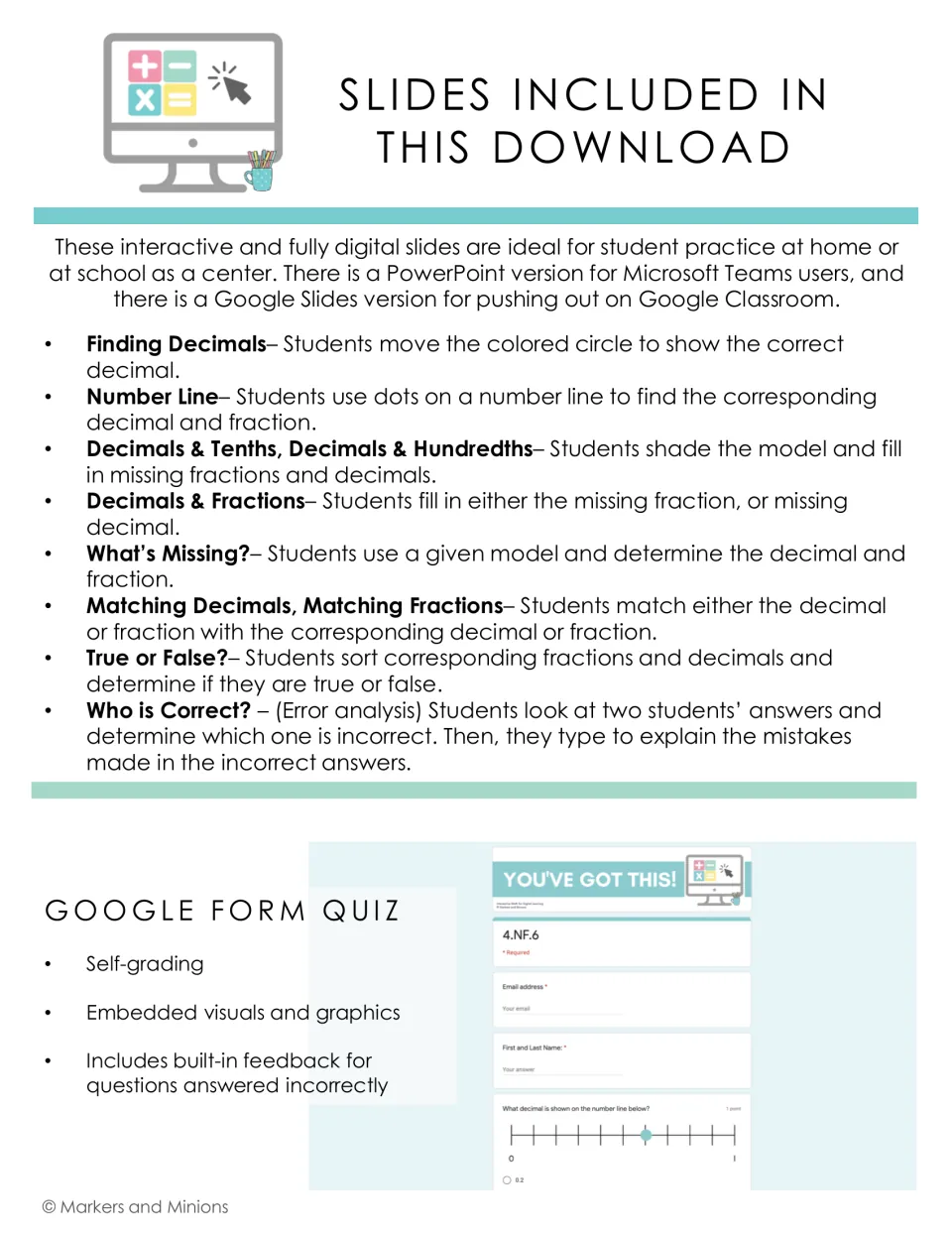Included decimal activities, from Finding Decimals to Who is Correct? error analysis, plus a Google Form quiz