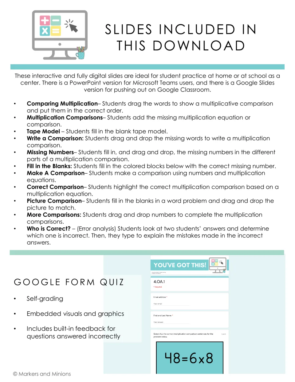 List of 11 slide activities on multiplication comparisons, from tape models to Who is Correct? error analysis, plus quiz