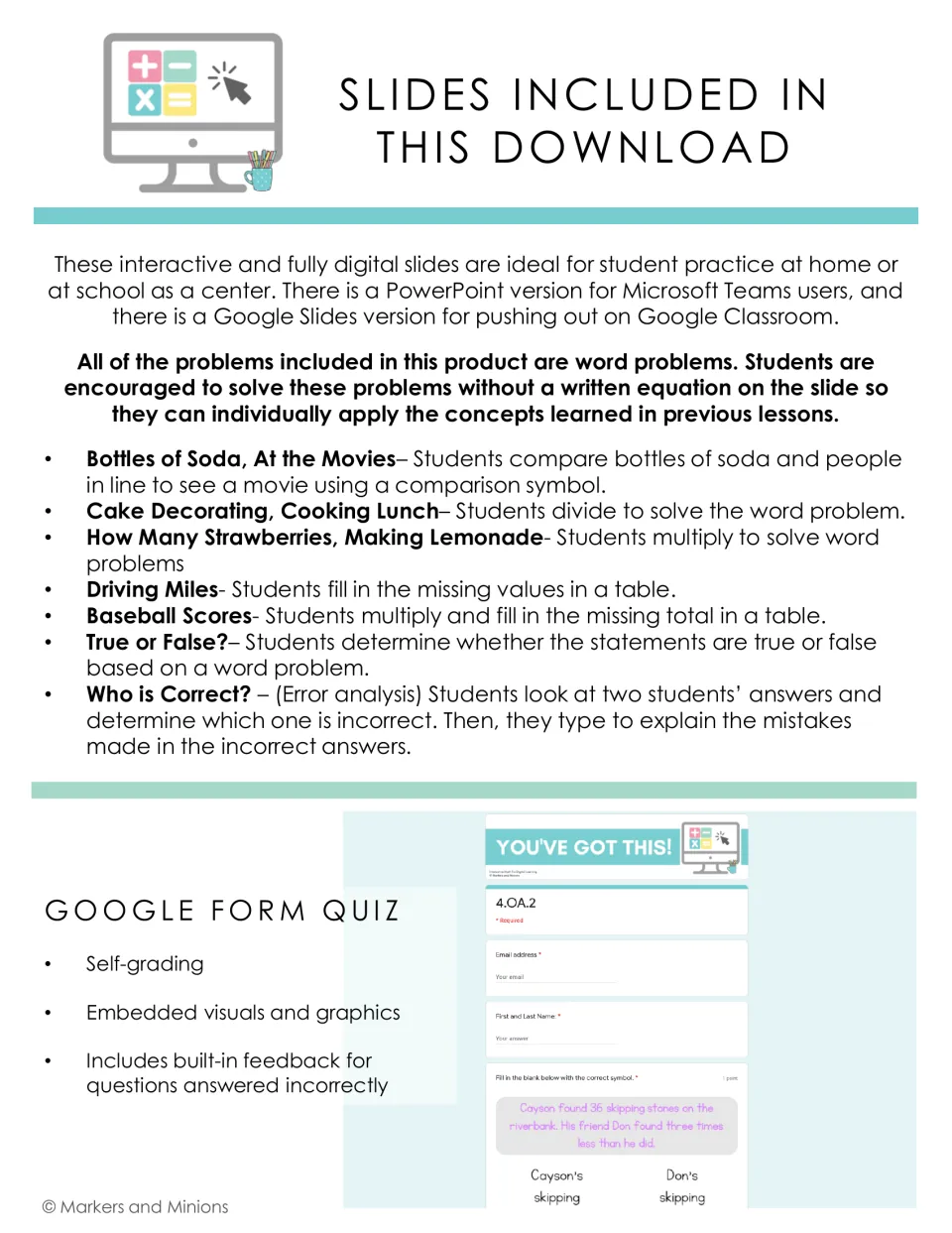 Slide list: students compare, multiply, divide and fill tables in word problems like Driving Miles; self-grading Form quiz