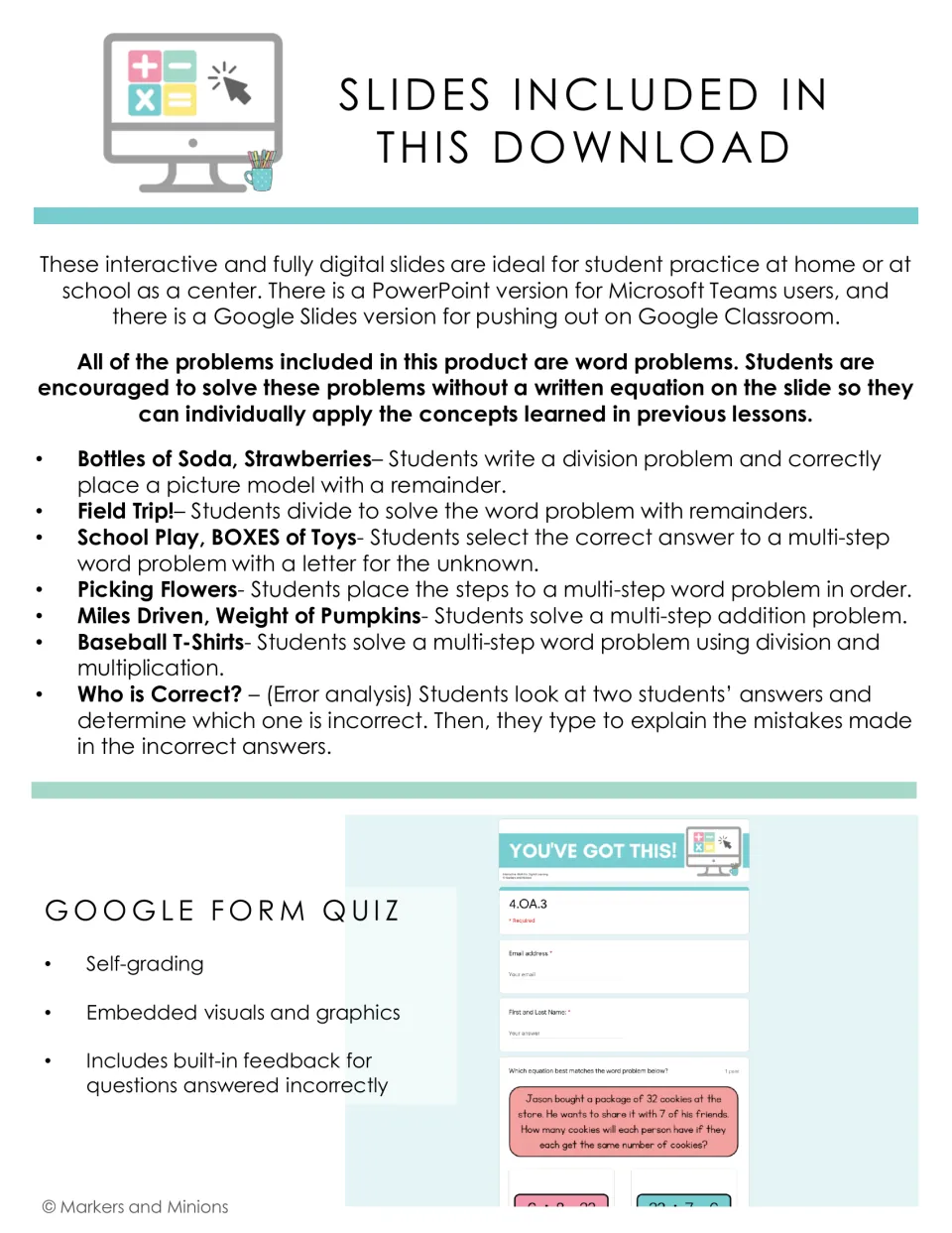 Included word problem slides, from division with remainders to multi-step problems and error analysis, plus a Form quiz