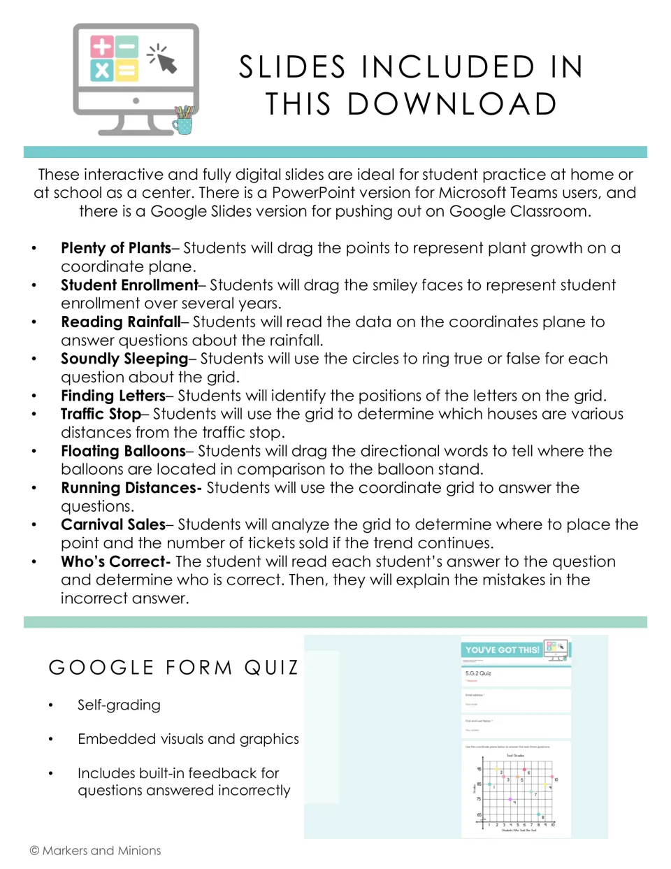Slide list: ten coordinate plane tasks like Plenty of Plants, Reading Rainfall and Carnival Sales, plus a self-grading quiz