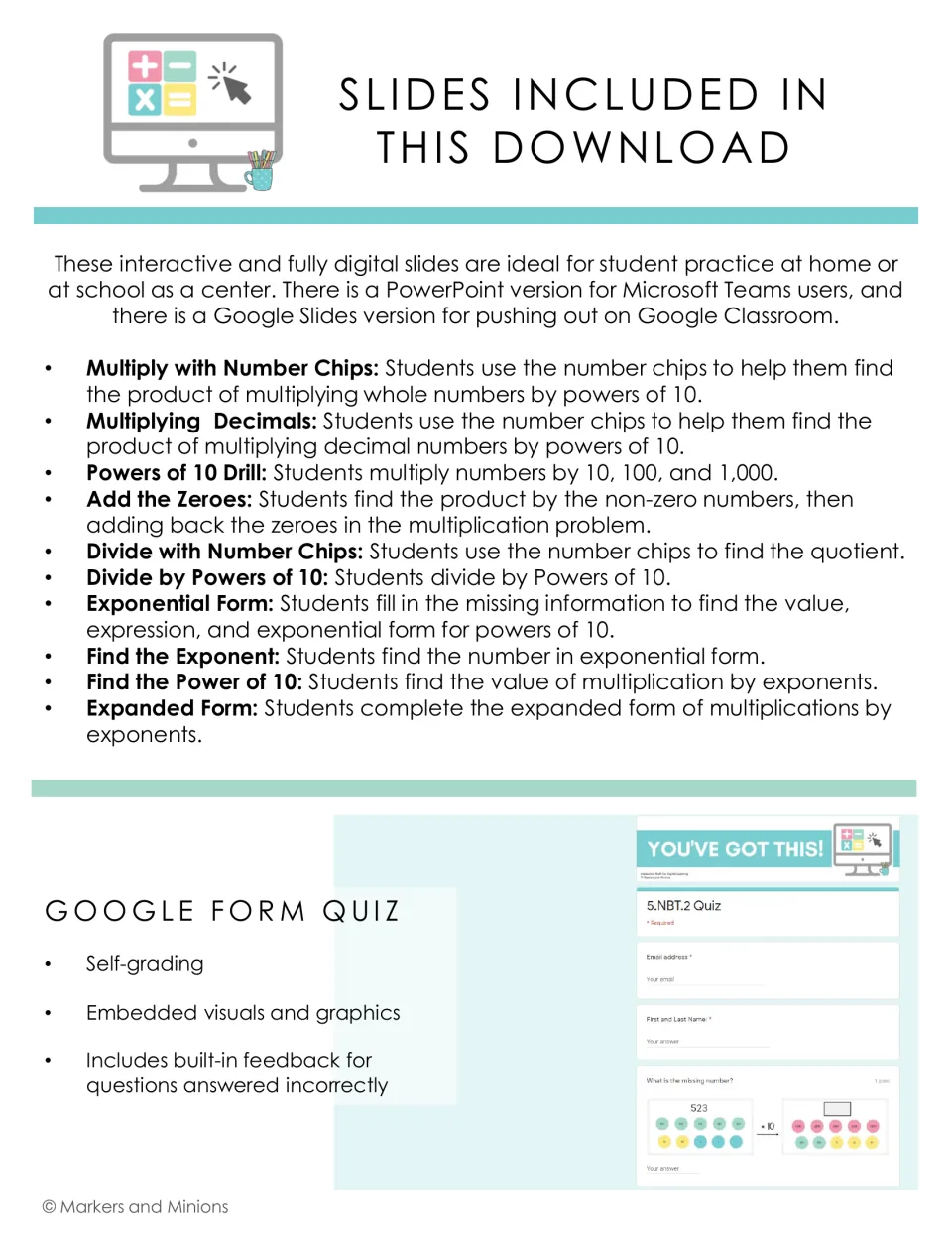 List of the 10 included slide activities, from multiplying with number chips to exponents, plus a self-grading Form quiz