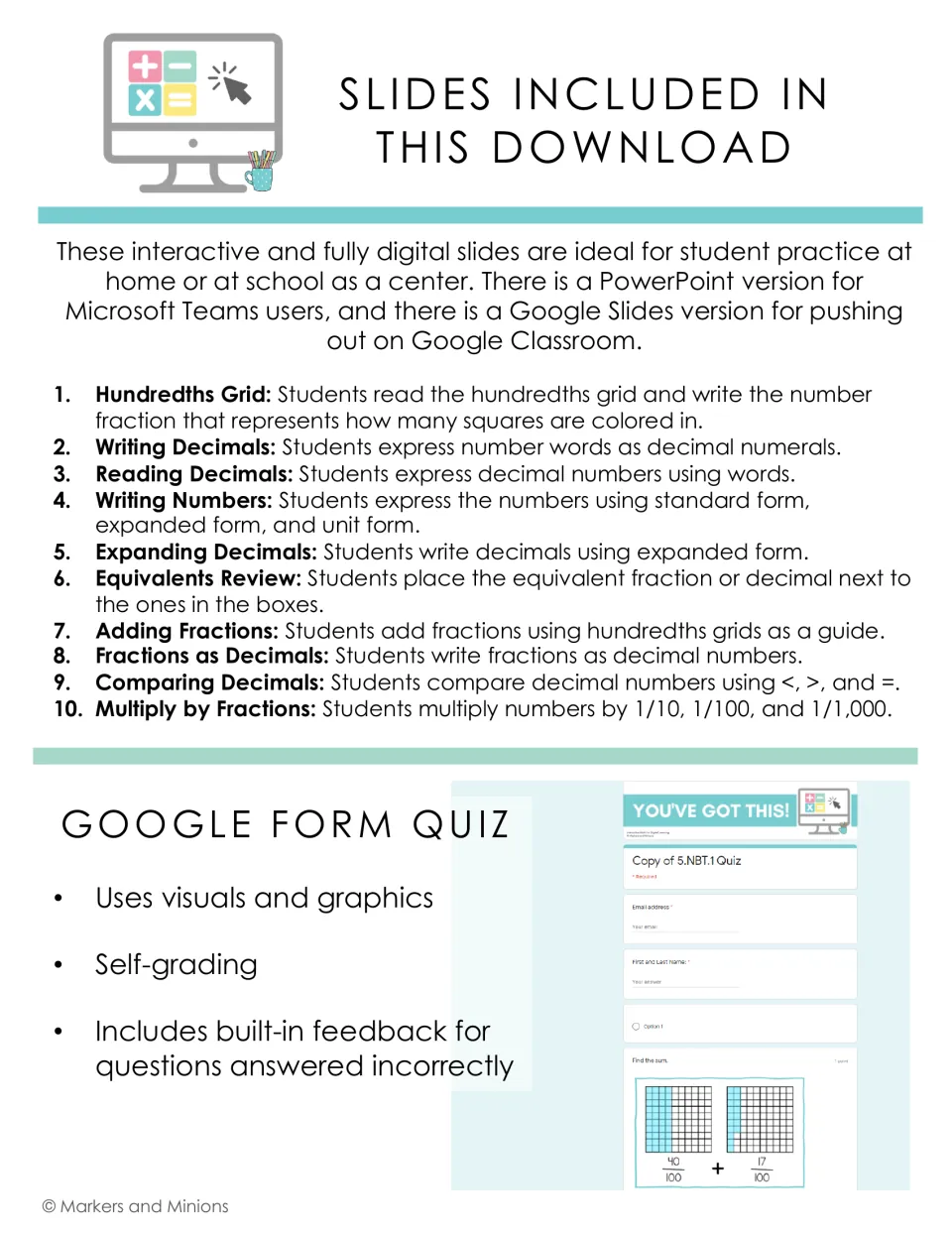 Slides included: ten decimal and fraction activities, from hundredths grids to comparing decimals, plus a self-grading quiz