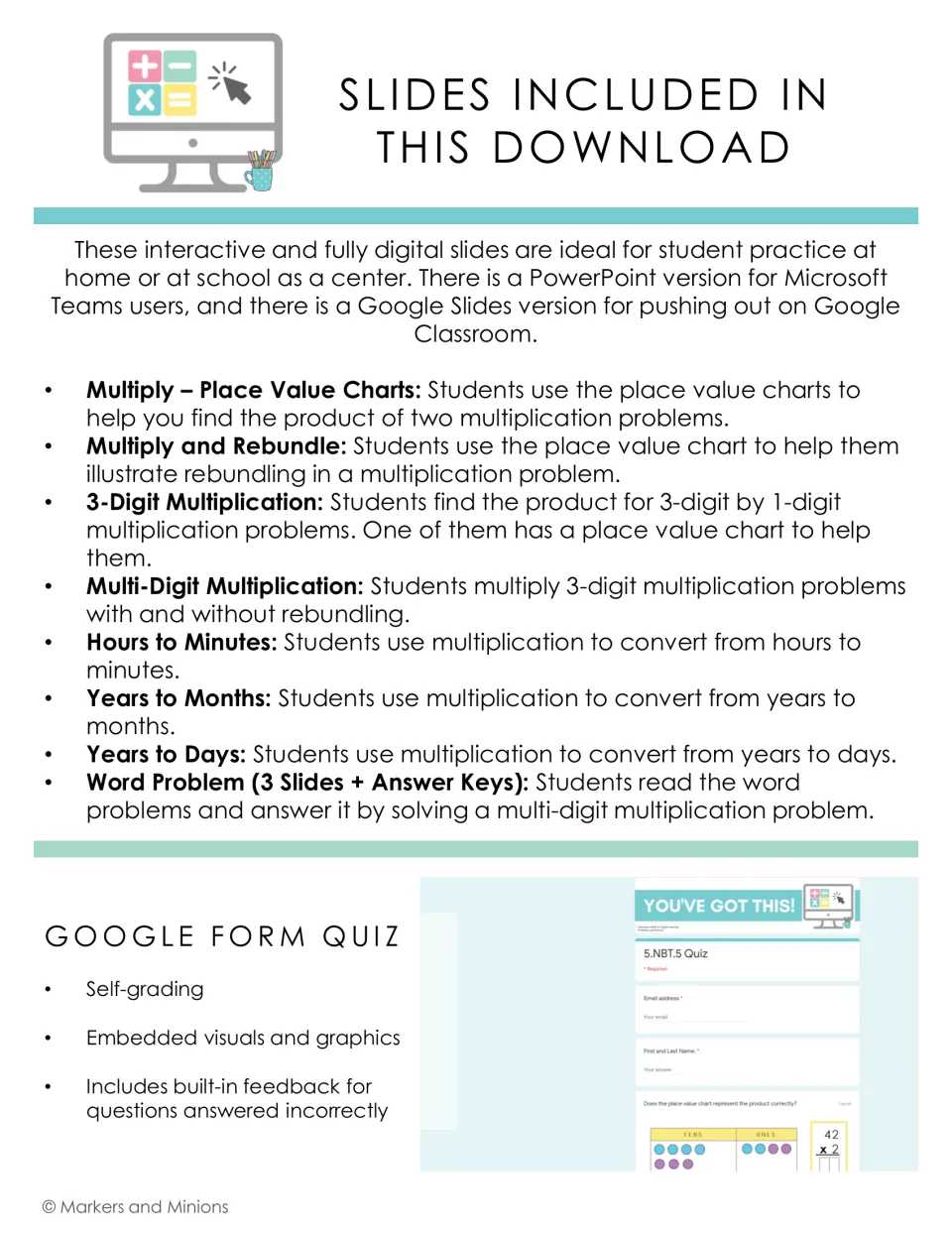 Included slides: place value charts, rebundling, 3-digit products, time conversions and word problems, plus a form quiz
