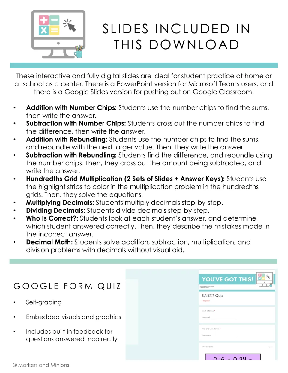 List of included decimal slides, from number-chip addition to hundredths grid multiplication, and a self-grading Form quiz