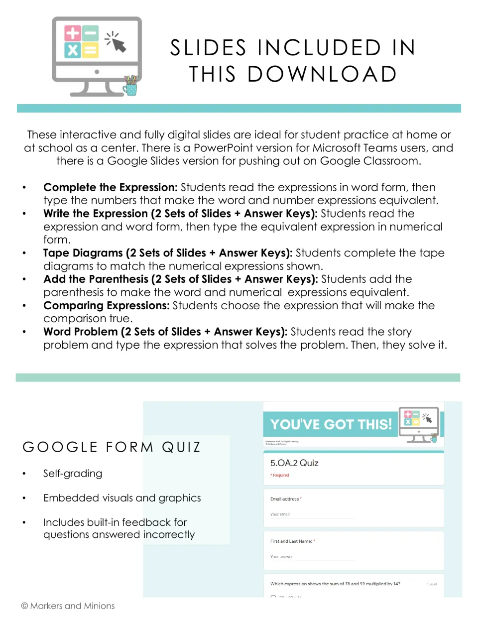 Slide set overview: complete, write, add parentheses, tape diagrams, compare expressions, word problems, plus a 5.OA.2 quiz