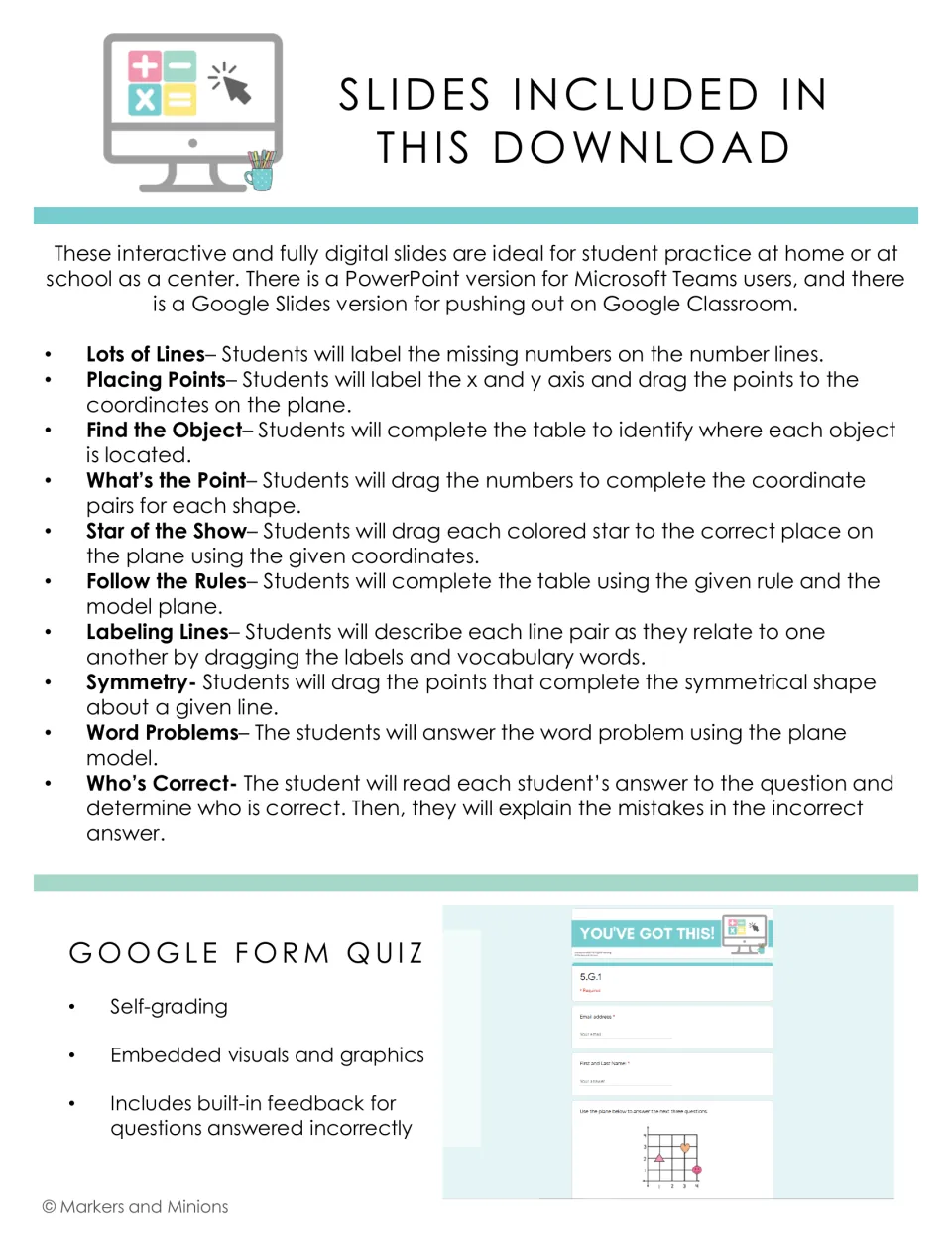 Slides included: 10 activities such as Placing Points, Symmetry and Who's Correct, plus a self-grading Google Form quiz