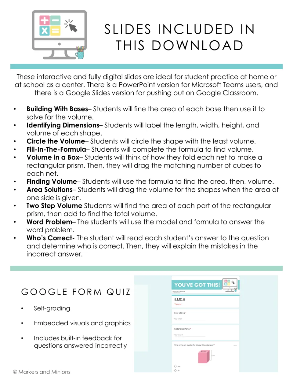 List of the 10 volume slide activities, from Building With Bases to Who's Correct, plus a self-grading Google Form quiz